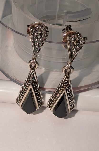 Sterling Silver Kite Black Onyx Marcasite Earrings - The Bookstore