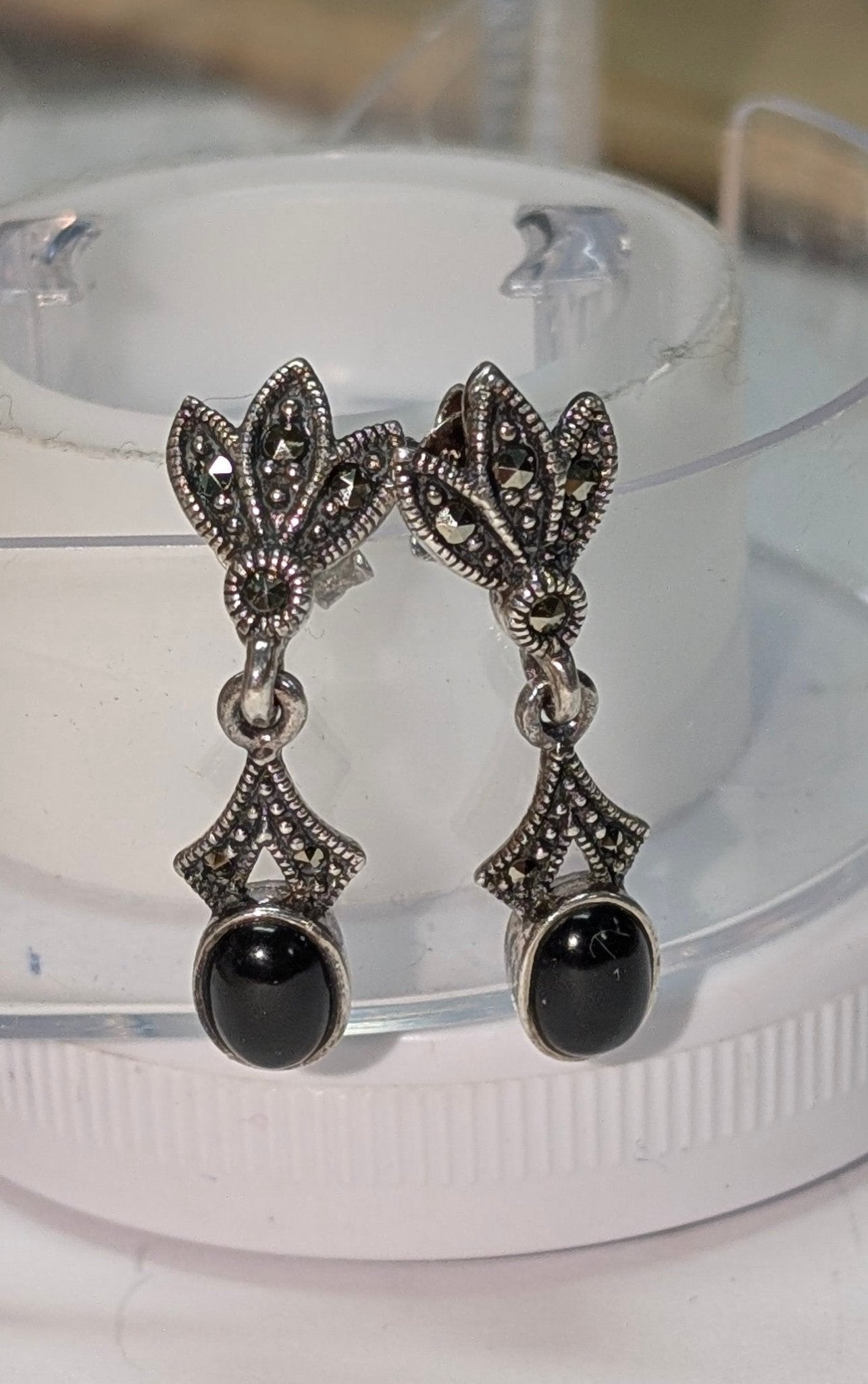 Sterling Silver Leaves Drop Oval Black Onyx Marcasite Earrings - The Bookstore