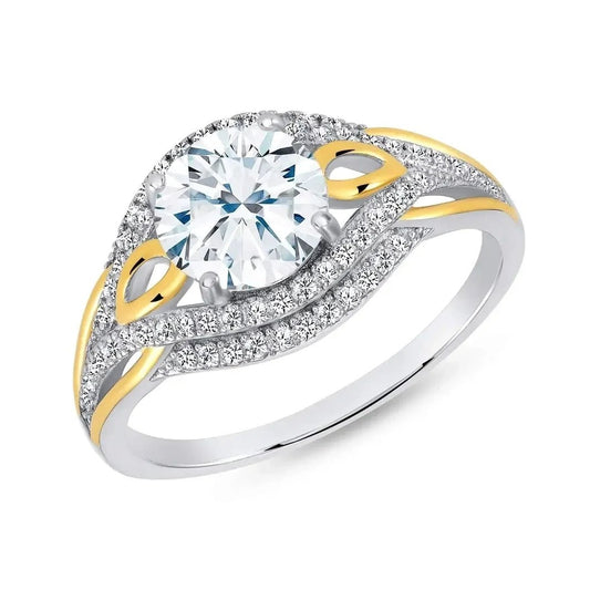 Sterling Silver Two Tone Pave Setting Solitaire Ring - The Bookstore