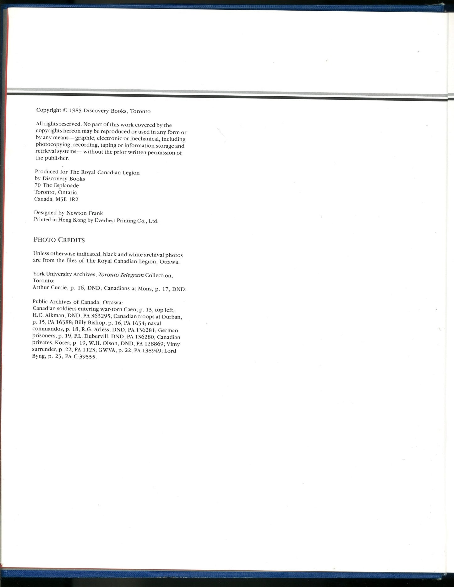 The Royal Canadian Legion - 1926 - 1986 - The Bookstore