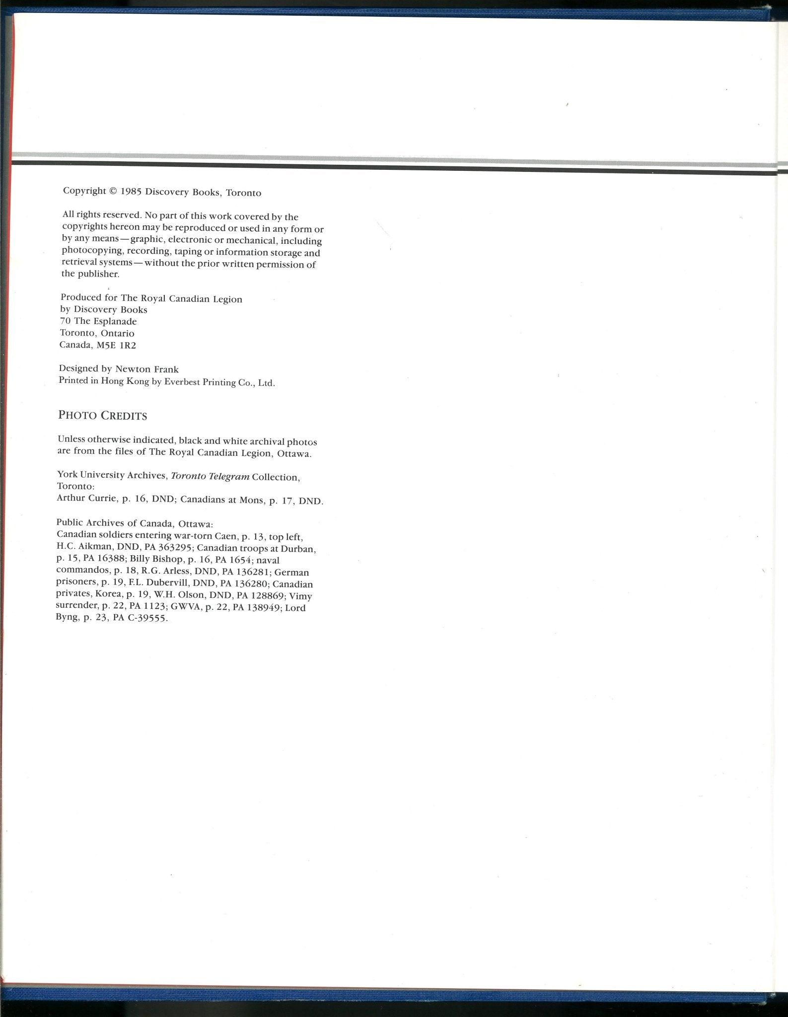 The Royal Canadian Legion - 1926 - 1986 - The Bookstore