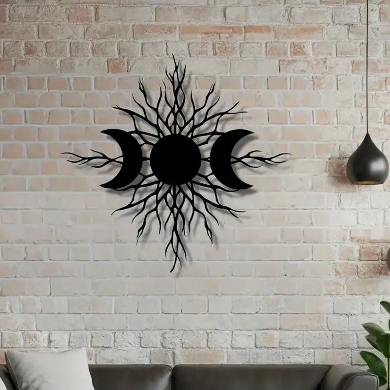 Triple Moon Metal Wall Art - Celestial Tree & Sun Design - The Bookstore