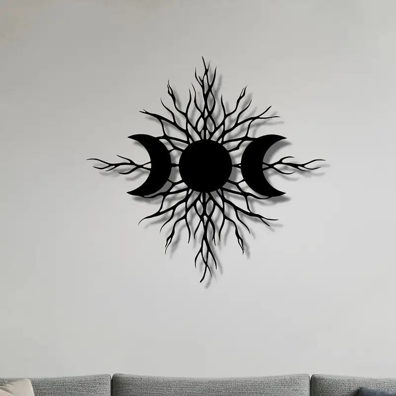 Triple Moon Metal Wall Art - Celestial Tree & Sun Design - The Bookstore
