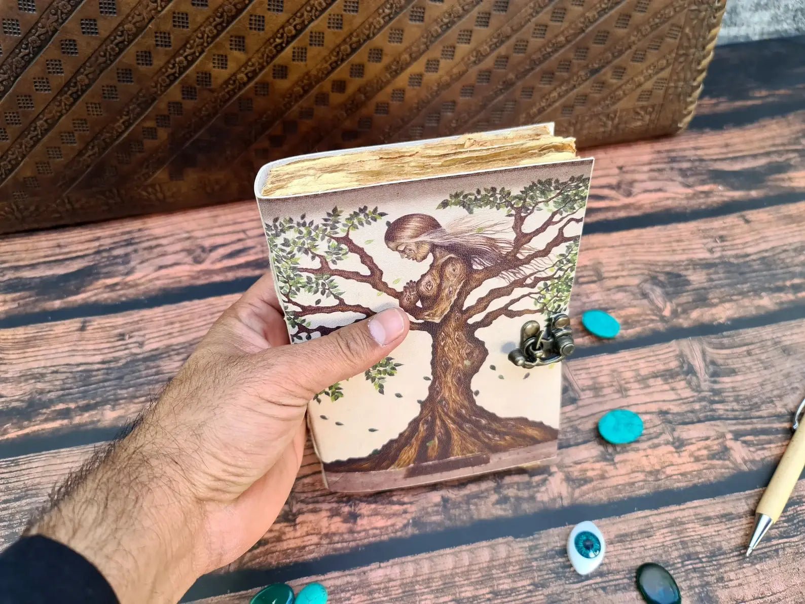 Vintage Leather Bound Journal with Mother Tree of Life Print - The Bookstore