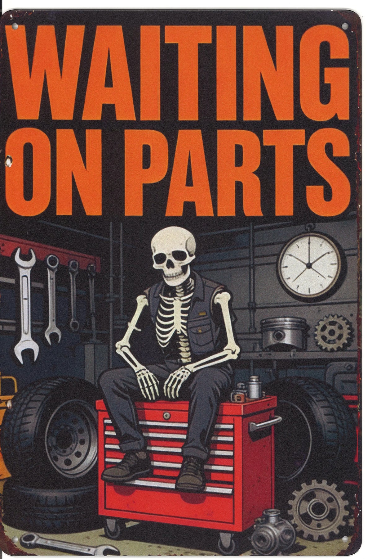 Waiting for Parts Skeleton Metal Tin Sign
