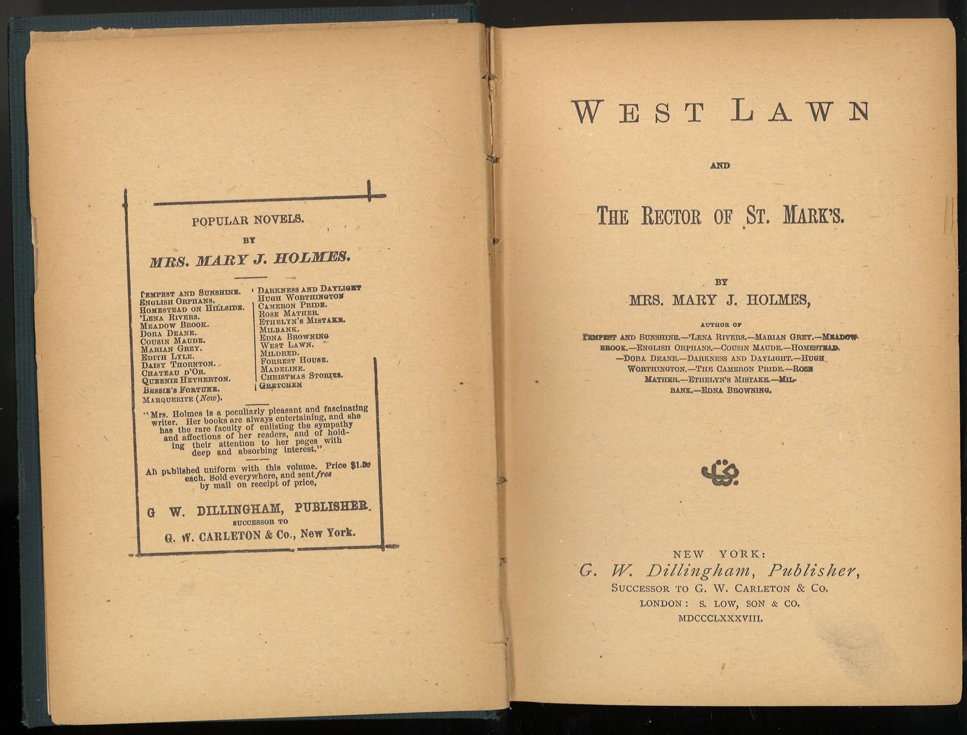 West Lawn & The Rector of St. Mark's by Mrs. Mary J. Holmes - The Bookstore