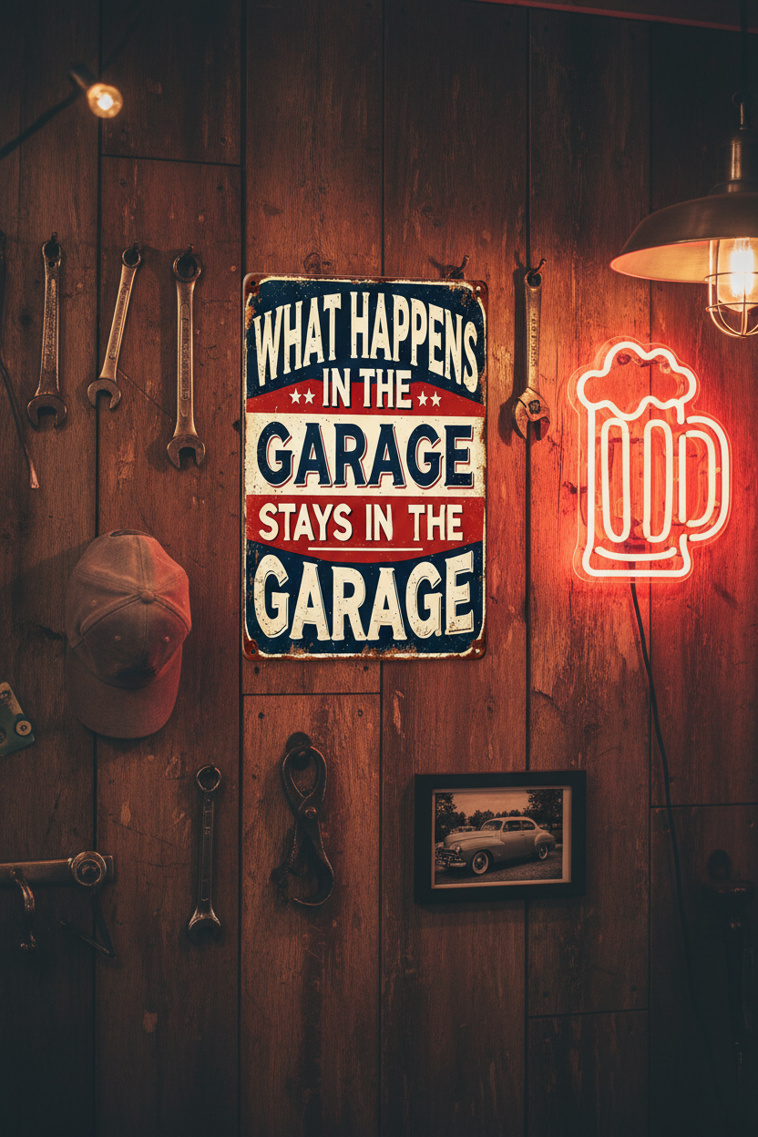 What Happens in the Garage Metal Tin Sign