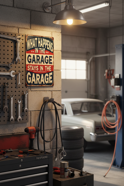 What Happens in the Garage Metal Tin Sign