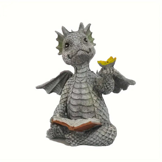 Young Dragon with Butterfly and Open Book Figurine