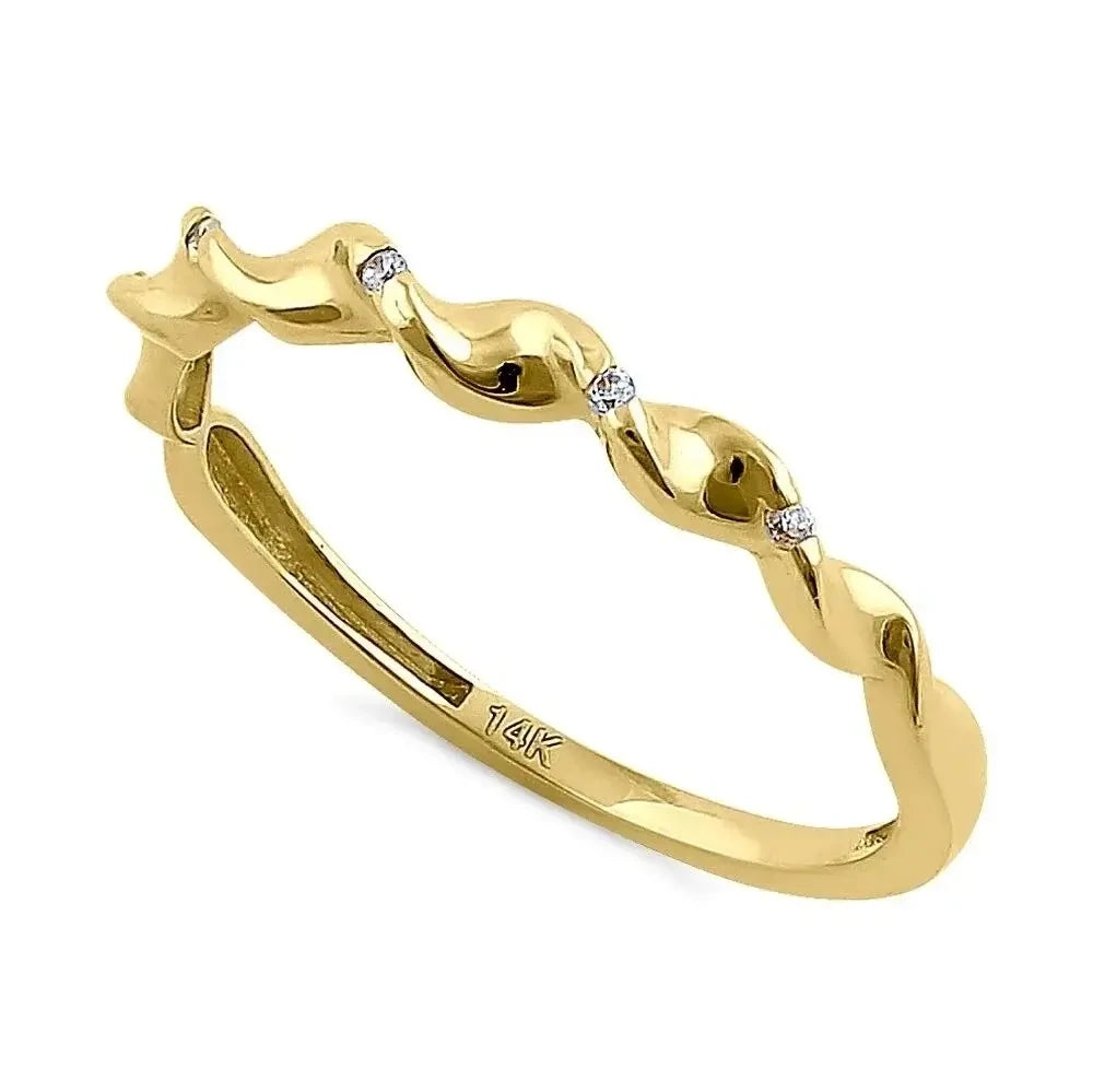 Solid 14K Yellow Gold Wave Twist Diamond Ring--Size 7