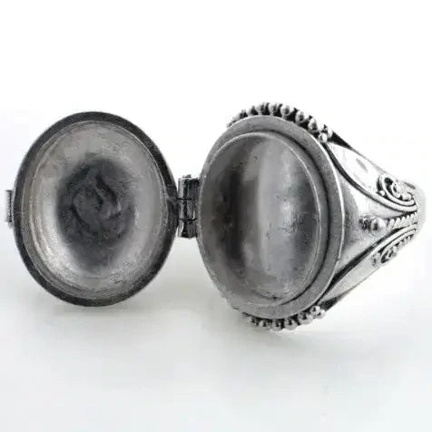 Silver Gothic Oval Poison Box Locket Ring - Genuine Gemstone