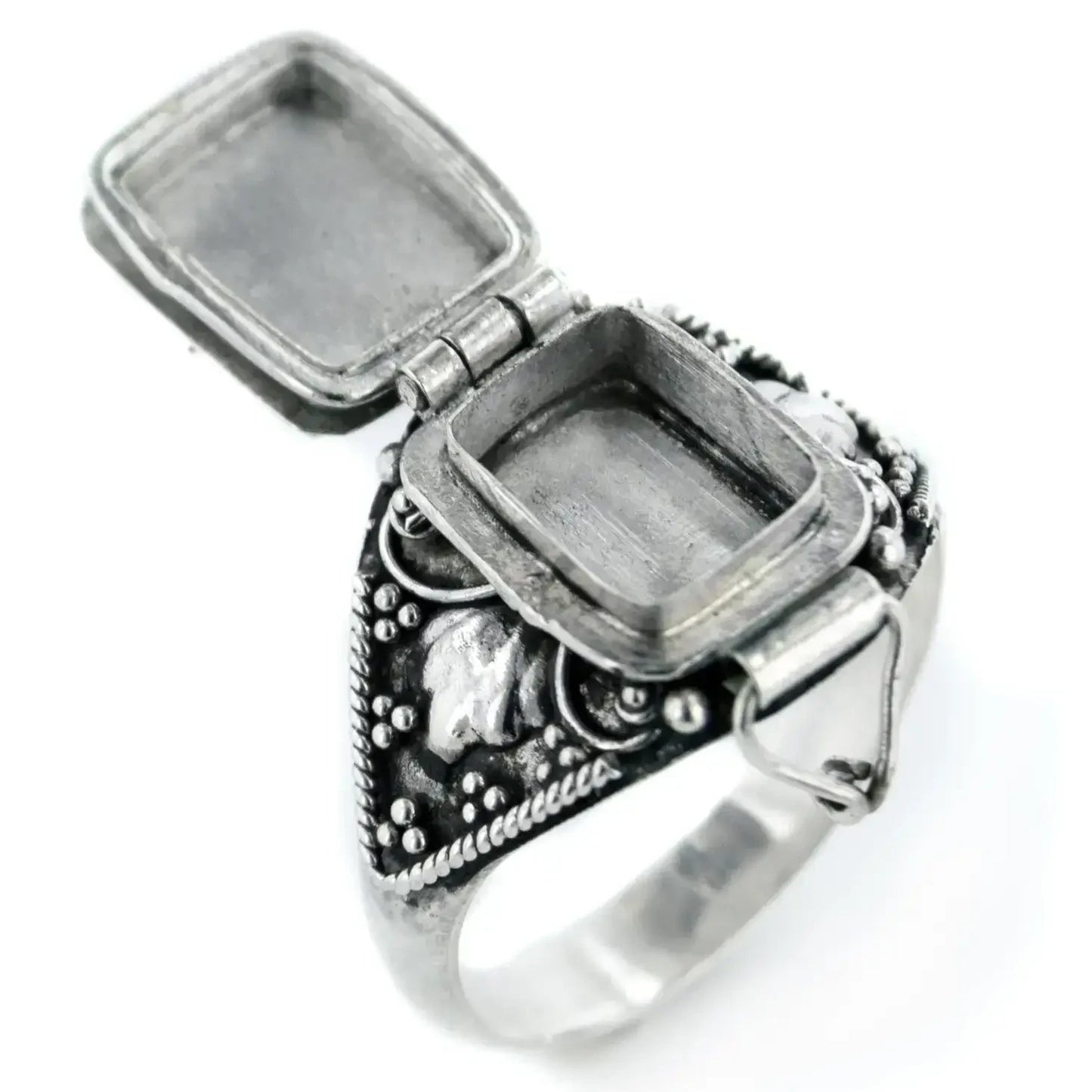 Silver Medieval Poison Ring with Rainbow Moonstone - Size 10